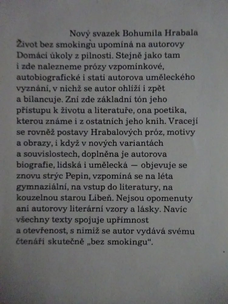 ŽIVOT BEZ SMOKINGU, BOHUMIL HRABAL, **an