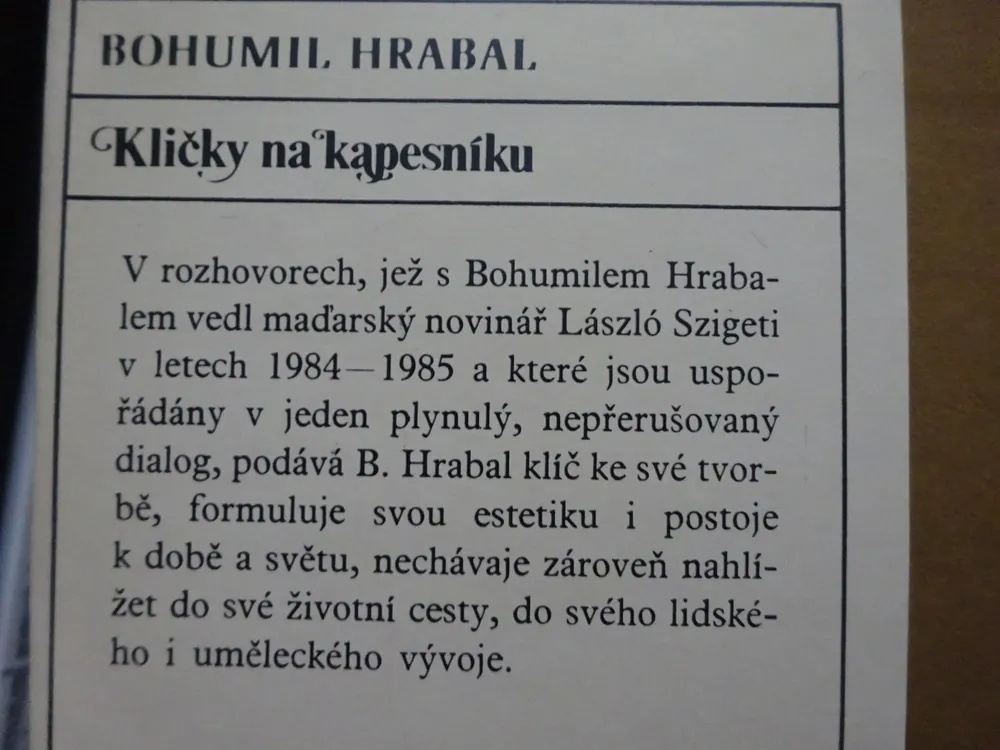 KLIČKY NA KAPESNÍKU, BOHUMIL HRABAL, **an