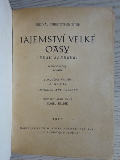 TAJEMSTVÍ VELKÉ OASY, P. C. WREN, 1927, **an