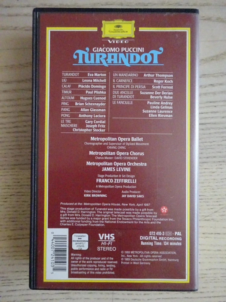 METROPOLITNÍ OPERA: TURANDOT, OPERA GIACOMO PUCCINI, VHS HUDBA
