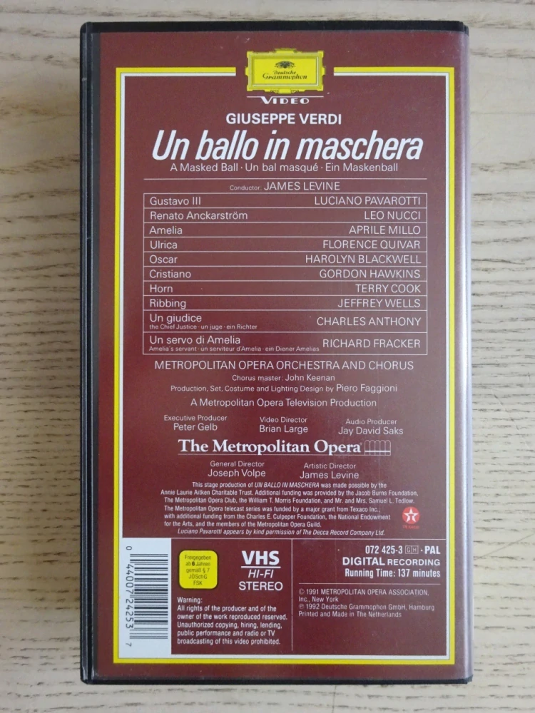 METROPOLITNÍ OPERA: MAŠKARNÍ PLES, OPERA GIUSEPPE VERDI, VHS HUDBA