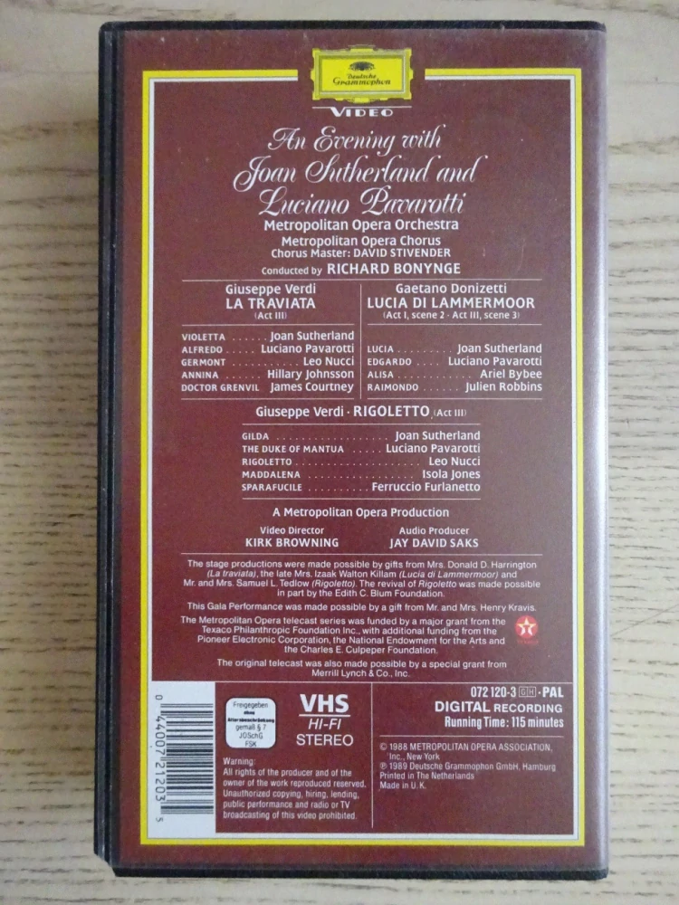 METROPOLITNÍ OPERA: AN EVENING WITH JOAN SUTHERLAND AND LUCIANO PAVAROTTI, OPERA, VHS HUDBA
