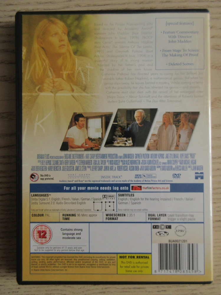 DŮKAZ, G. PALTROW, A. HOPKINS, GB OBAL, ČESKÁ VERZE, DVD FILM