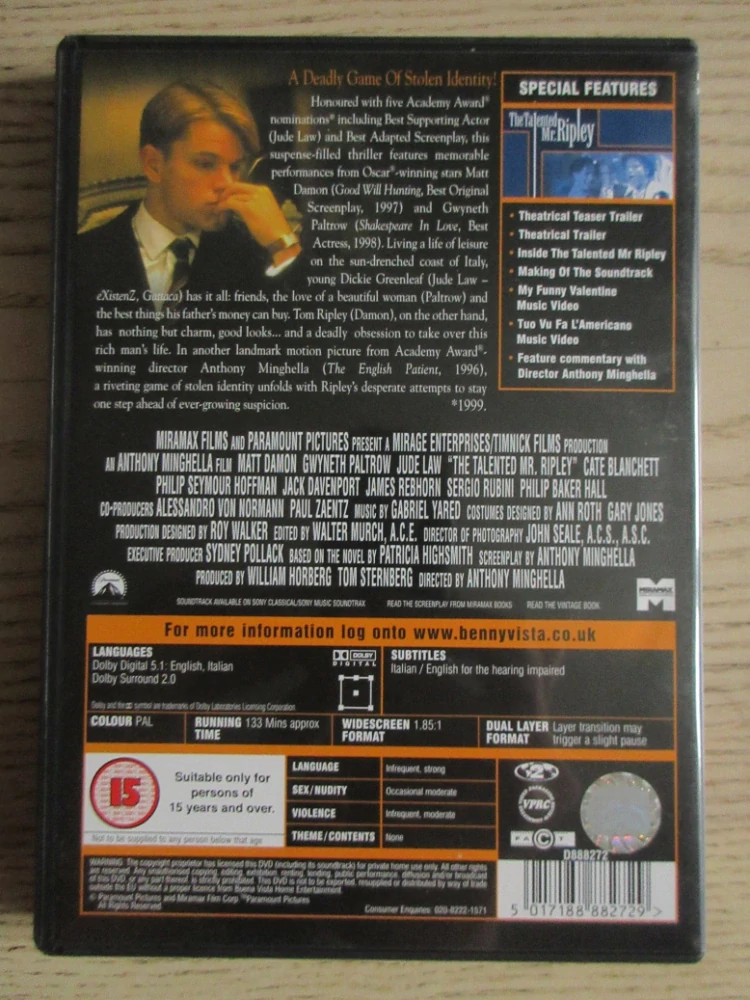 TALENTOVANÝ PAN RIPLEY, M. DAMON, G. PALTROW, GB OBAL, ČESKÁ VERZE, DVD FILM