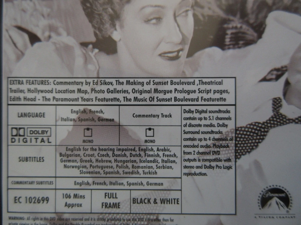 SUNSET BOULEVARD, W. HOLDEN, G. SWANSON, E. VON STROHEIM, DVD FILM