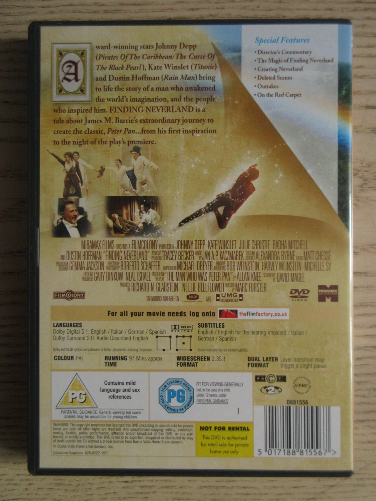 HLEDÁNÍ ZEMĚ NEZEMĚ, J.DEPP, K.WINSLET, D.HOFFMAN, GB OBAL, ČESKÁ VERZE, DVD FILM