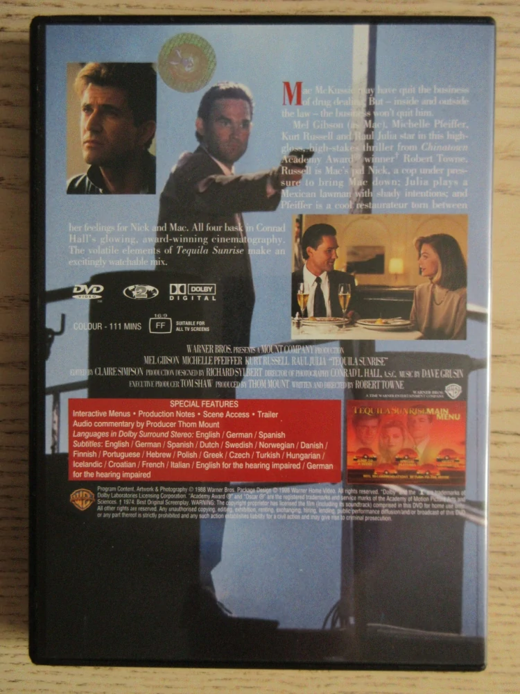 TEQUILA SUNRISE, M.GIBSON, K.RUSSELL, GB OBAL, ČESKÉ TITULKY, DVD FILM