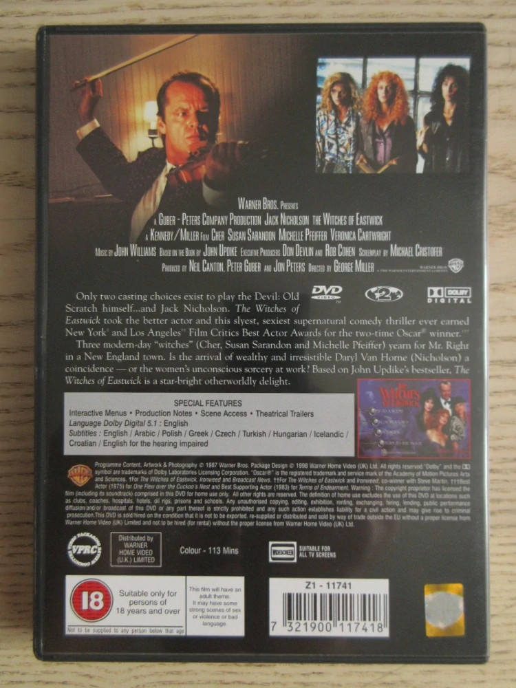 ČARODĚJKY Z EASTWICKU, J.NICHOLSON, CHER, GB OBAL, ČESKÉ TIT. DVD FILM