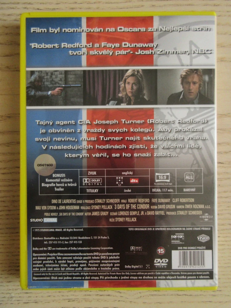 3 DNY KONDORA, R.REDFORD, GB OBAL, ČESKÉ DVD FILM