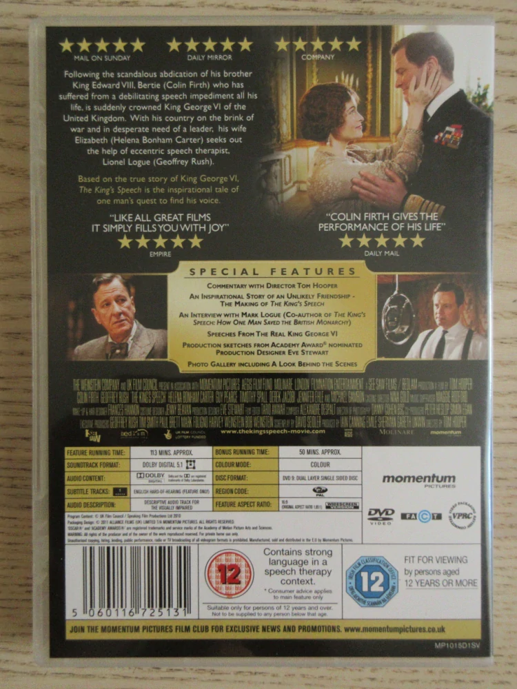 KRÁLOVA ŘEČ, C.FIRTH, G.RUSH, GB OBAL, ČESKÁ VERZE, DVD FILM