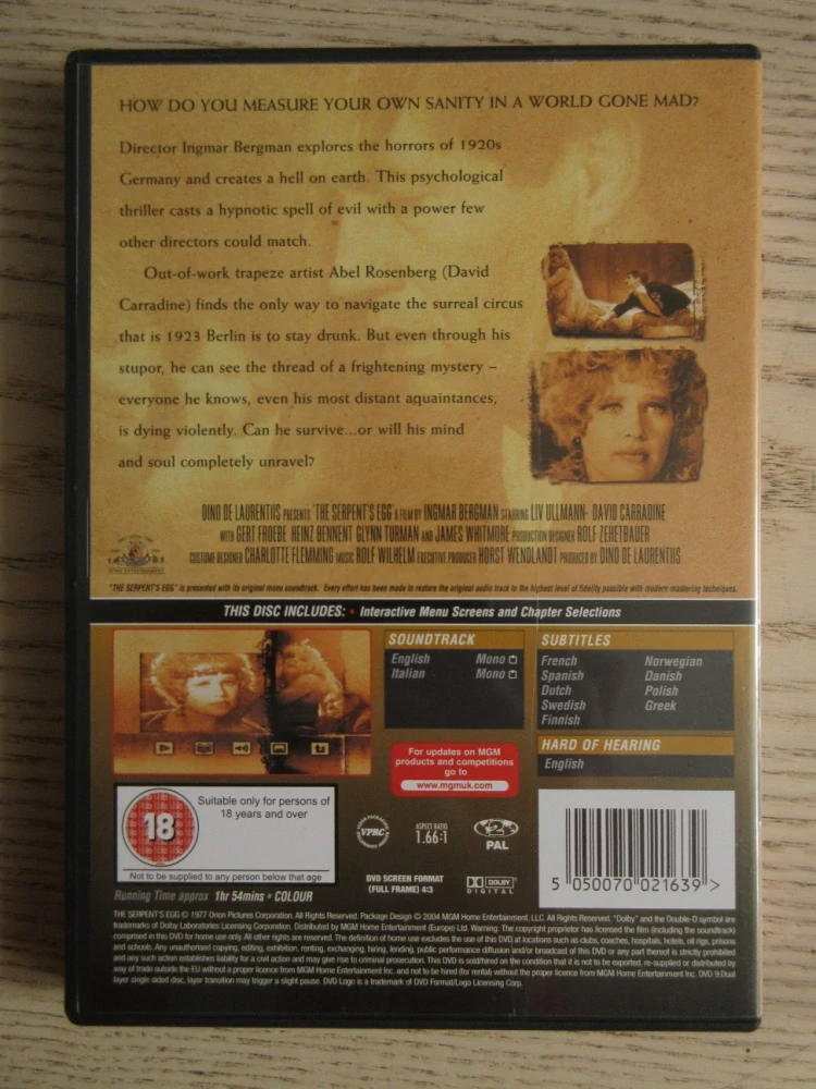 HADÍ VEJCE, L.ULLMANN, D.CARRADINE, I.BERGMAN, GB OBAL, ČESKÁ VERZE, DVD FILM