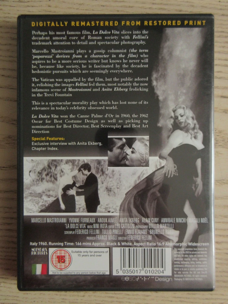 SLADKÝ ŽIVOT, A.EKBERG, MASTROIANNI, FELLINI, GB OBAL, ČESKÁ VERZE, DVD FILM