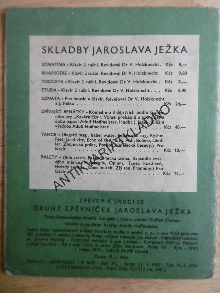DRUHÝ ZPĚVNÍČEK JAROSLAVA JEŽKA, NOTY, TEXTY, 1 ks, ZPĚVNÍK