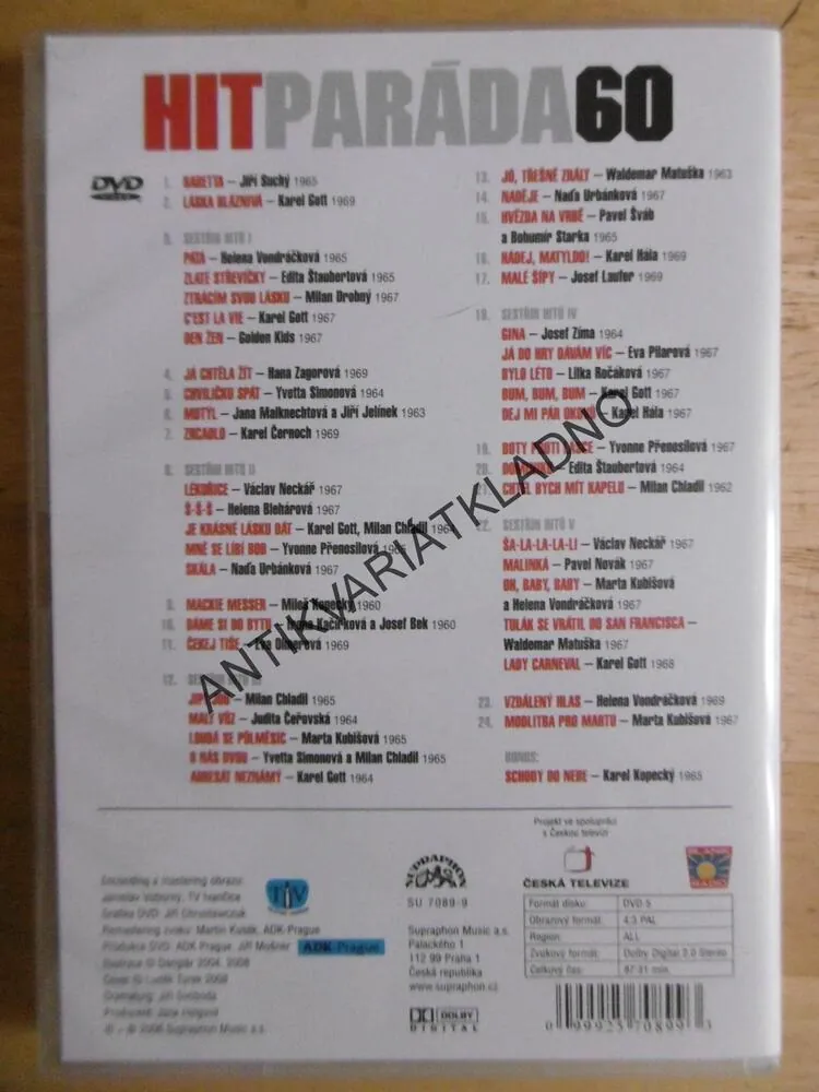 HITPARÁDA 60 .LÉTA.VONDRÁČKOVÁ, GOTT, KUBIŠOVÁ, NECKÁŘ, AJ., DVD HUDBA