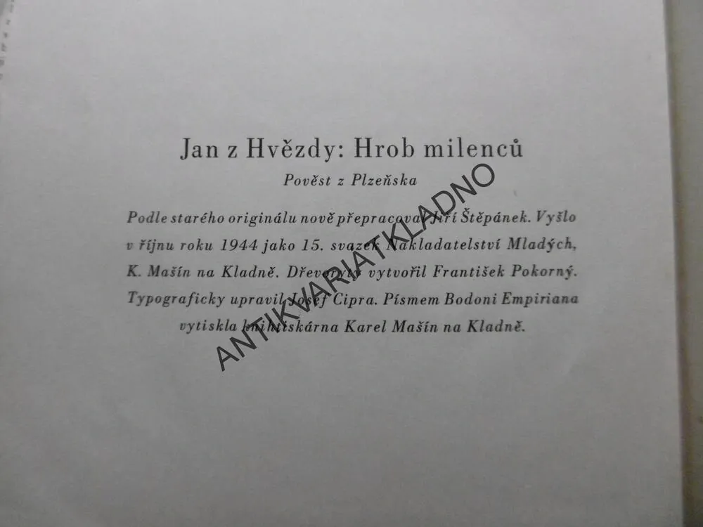 HROB MILENCŮ, JAN Z HVĚZDY, POVĚST Z PLZEŇSKA (PLZEŇ), 1944, FRANTIŠEK POKORNÝ