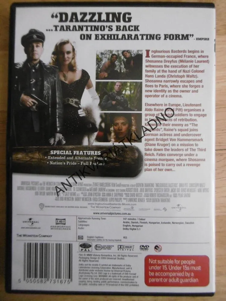 INGLOURIOUS BASTERDS, BRAD PITT, DVD FILM, BEZ DABINGU BEZ ČESKÝCH TITULKŮ