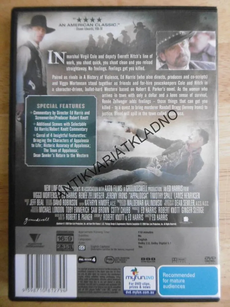 APPALOOSA, ED HARRIS, MORTENSEN, IRONS, ZELLWEGER, DVD FILM, BEZ DABINGU BEZ ČESKÝCH TITULEK