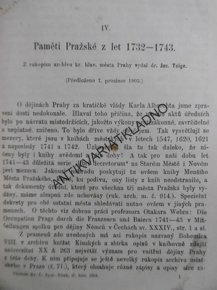 PAMĚTI PRAŽSKÉ Z LET 1732-43, TEIGE, 1904