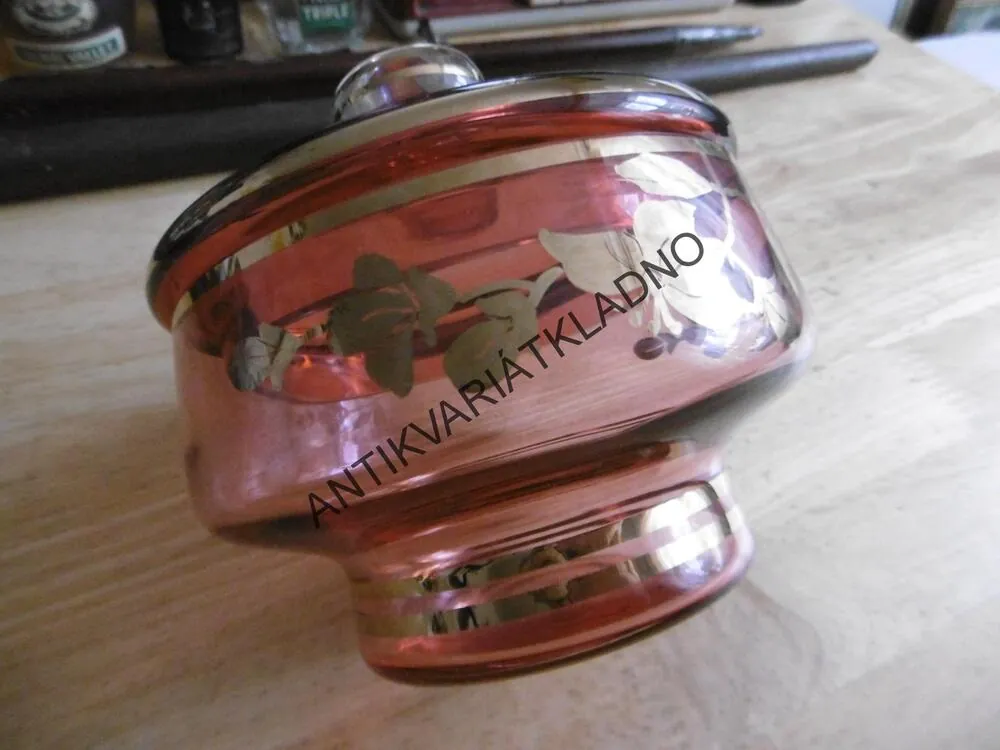 SKLENĚNÁ MÍSA CUKŘENKA RŮŽOVÁ ZLACENÉ ZDOBENÍ, RETRO