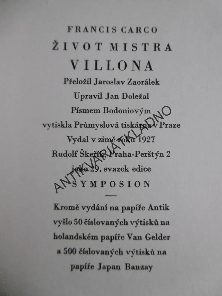 ŽIVOT MISTRA VILLONA,  1927, SYMPOSION, **an