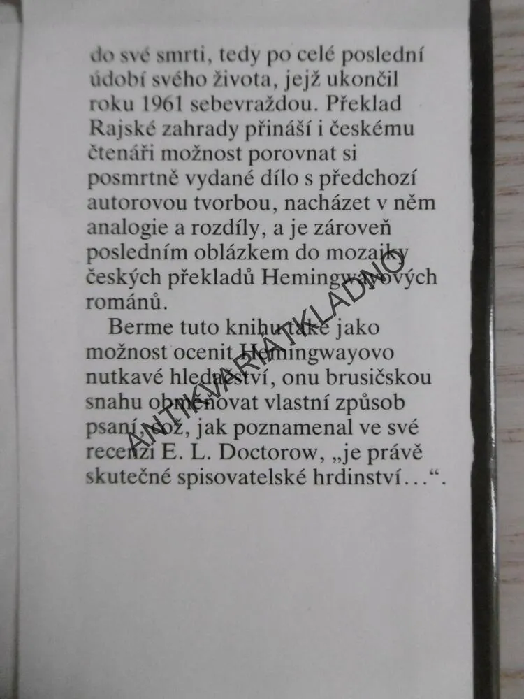 RAJSKÁ ZAHRADA, ERNEST HEMINGWAY, **an