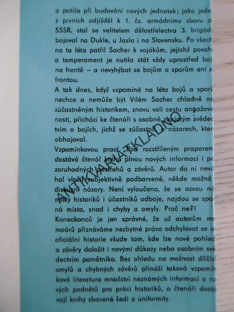 POD ROZSTŘÍLENÝM PRAPOREM, PAMĚTI, VILÉM SACHER, **an