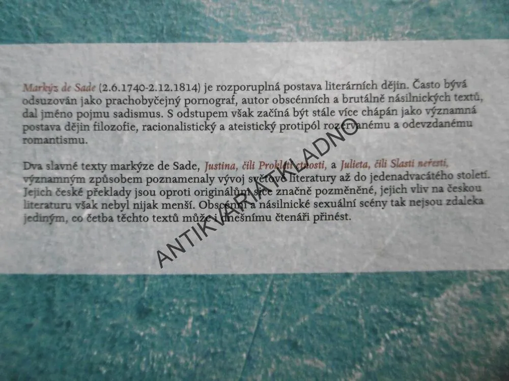 JUSTINA A JULIETTA, MARKÝZ DE SADE, DONATIEN ALPHONSE FRANCOIS, **an