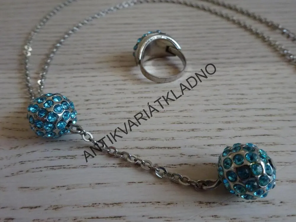 ŠPERK ŘETÍZEK  2 MODRÉ KULIČKY+ PRSTEN, STARÁ OZDOBA