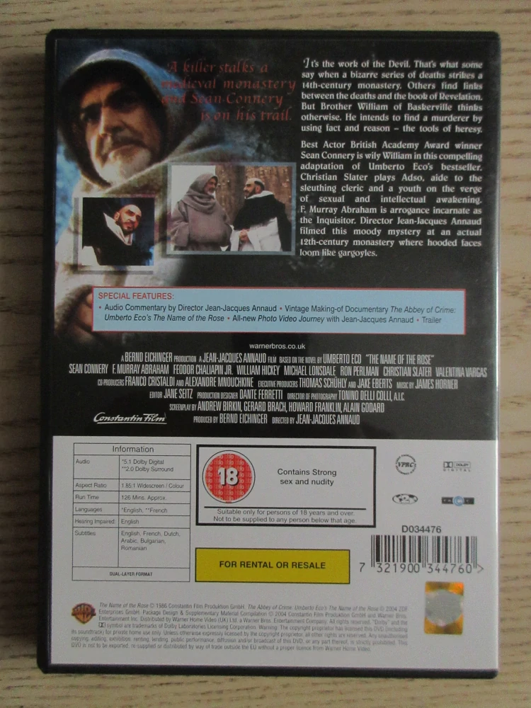 JMÉNO RŮŽE, S.CONNERY, GB OBAL, ČESKÁ VERZE, 2X DVD FILM
