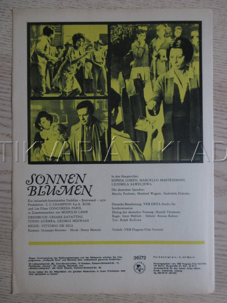 SLUNEČNICE, S. LOREN, M. MASTROIANNI, BIO PROGRAM ČŠ-2 Č. 200