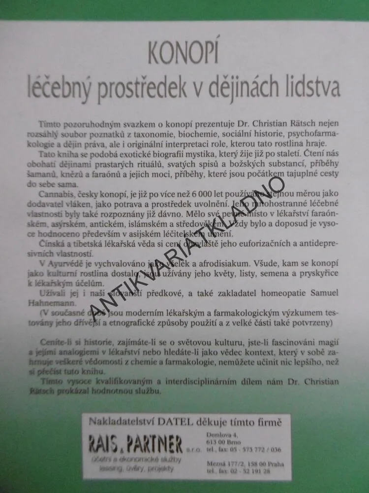 KONOPÍ, LÉČEBNÝ PROSTŘEDEK V DĚJINÁCH LIDSTVA, DR. CHRISTIAN RÄTSCH, **an