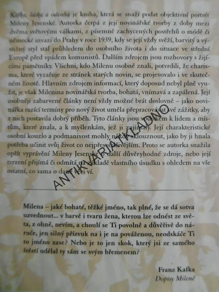 KAFKA, LÁSKA A ODVAHA, ŽIVOT MILENY JESENSKÉ, MARY HOCKADAY, **an