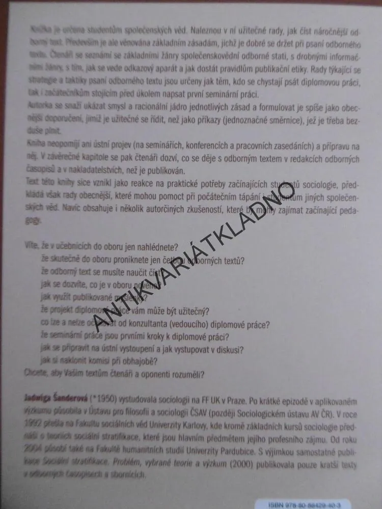 JAK ČÍST A PSÁT ODBORNÝ TEXT VE SPOLEČENSKÝCH VĚDÁCH, JADWIGA ŠANDEROVÁ, **an
