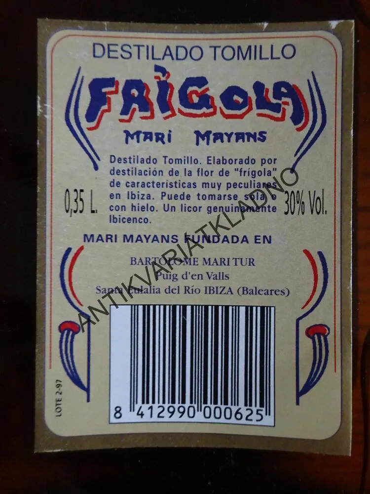 DESTILADO TOMILLO FRIGOLA, IBIZA, 0,35 L, 30 %, CCA 60-70 LÉTA
