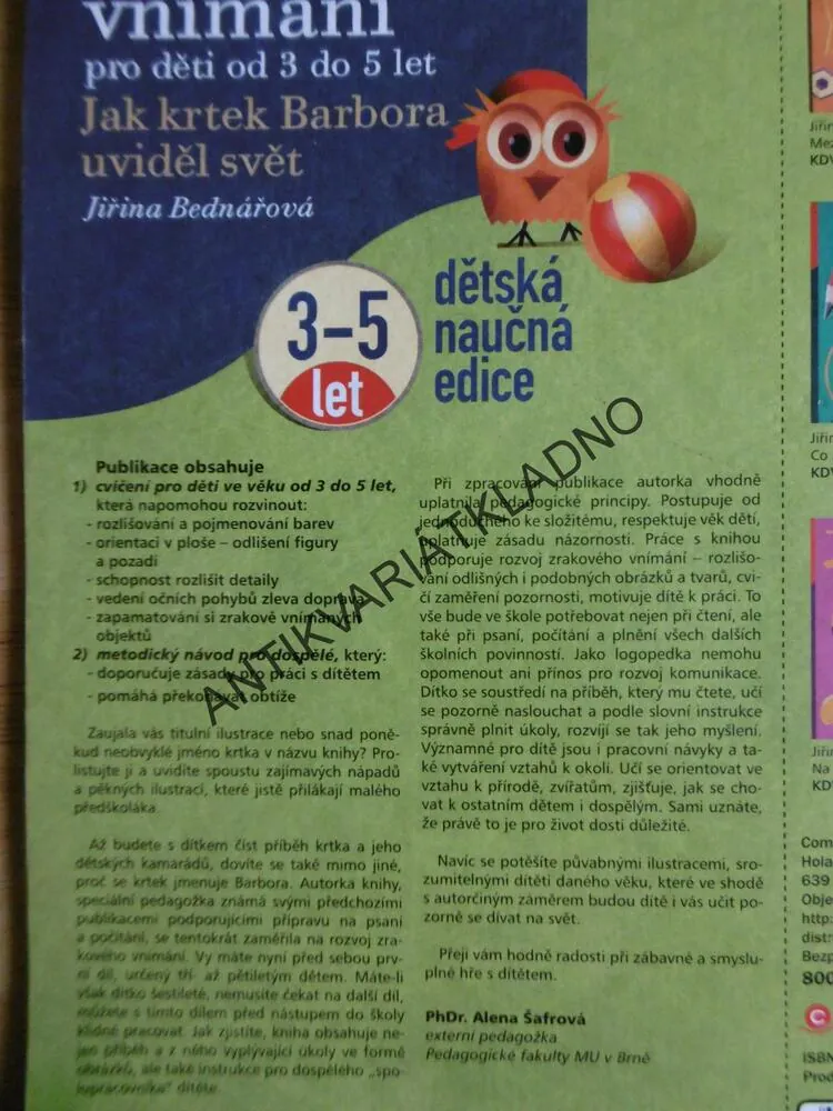ROZVOJ ZRAKOVÉHO VNÍMÁNÍ PRO DĚTI OD 3 LET DO 5 LET, JAK KRTEK BARBORA UVIDĚL SVĚT, BEDNÁŘOVÁ