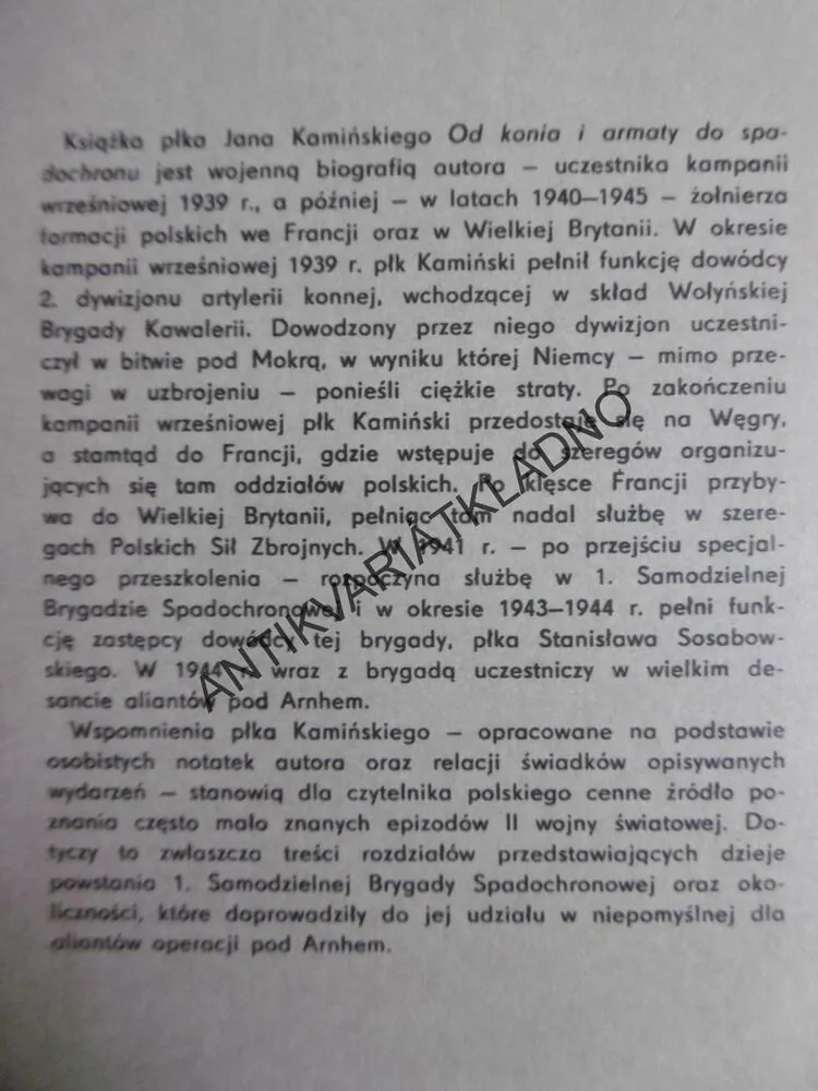 OD KONIA I ARMATY DO SPADOCHROMU, JAN KAMINSKI, POLSKY