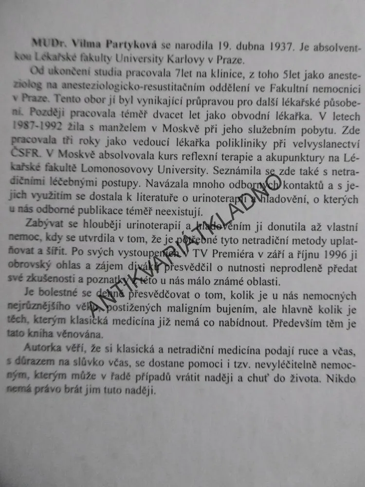 URINOTERAPIE OČIMA LÉKAŘE, MUDR. VILMA PARTYKOVÁ, **an