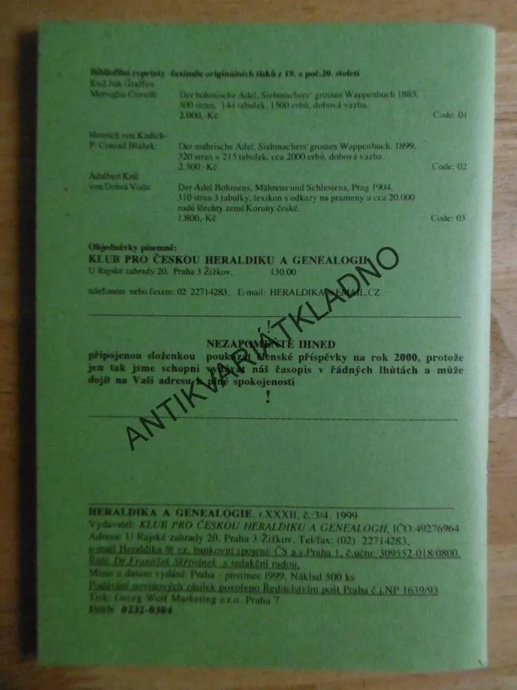 HERALDIKA A GENEALOGIE, 1999, 3/4, ROČ. 32.,
