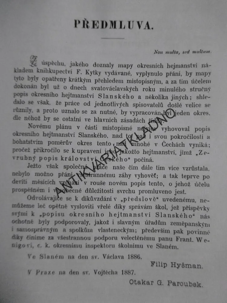 POPIS OKRESNÍHO HEJTMANSTVÍ SLÁNSKÉHO, HYŠMAN, O.G.PAROUBEK, OKR. KLADNO