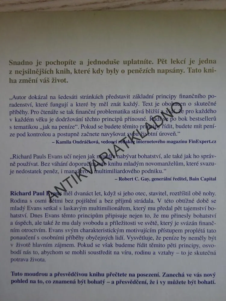 PĚT LEKCÍ O ŽIVOTĚ A BOHATSTVÍ, KTERÉ MI DAL JEDEN MILIONÁŘ, RICHARD PAUL EVANS, **an