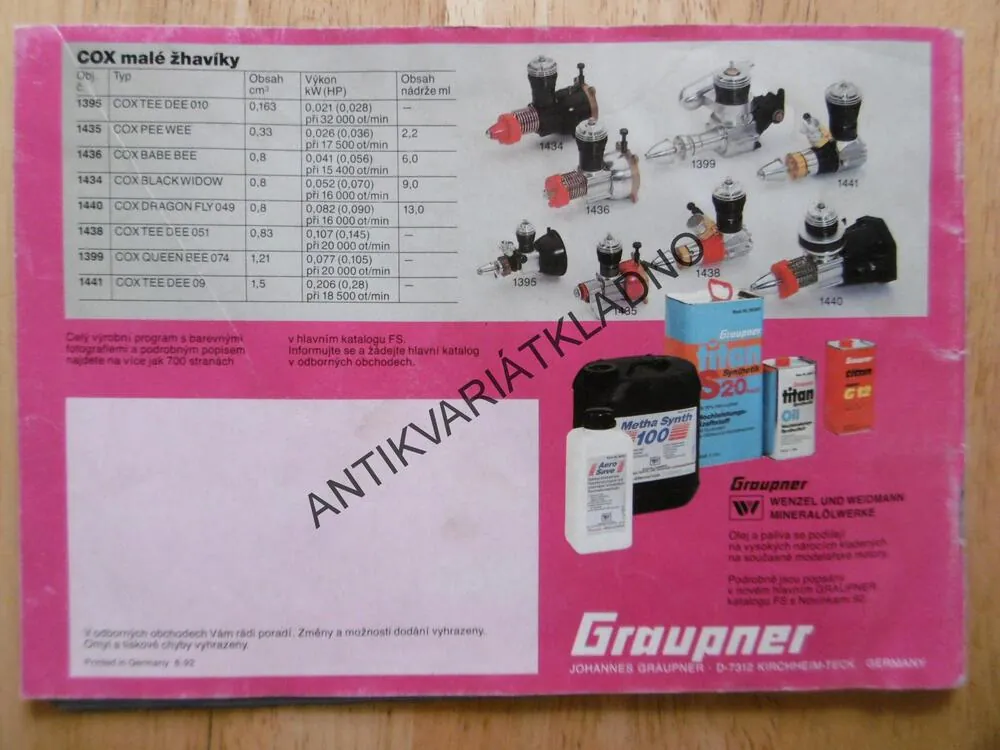 MODELÁŘSTVÍ, LETECKÉ, LODNÍ, AUTO, RÁDIOVÉ, MOTORY, MINI -K 92 CS, GRAUPNER, KATALOG