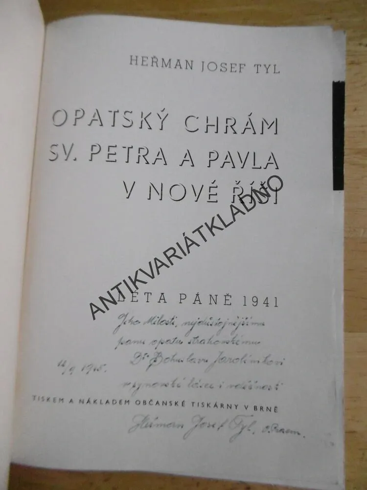 OPATSKÝ CHRÁM SV.PETRA A PAVLA V NOVÉ ŘÍŠI, HEŘMAN JOSEF TYL-AUTOGRAM S VĚNOVÁNÍM