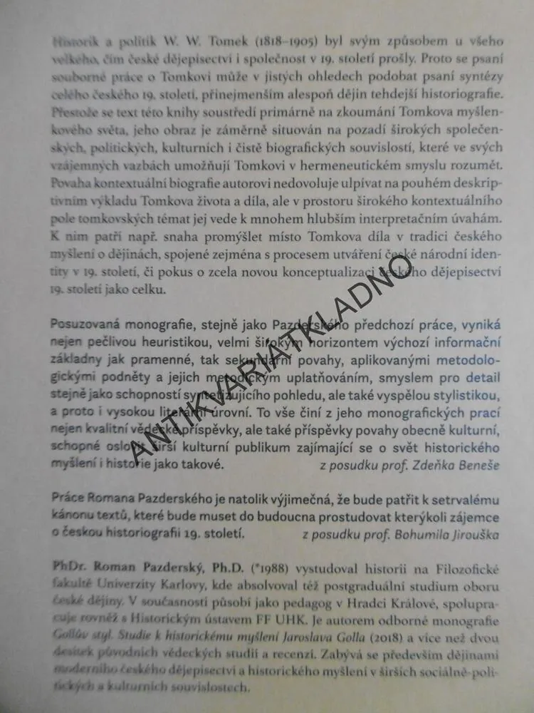HISTORIK WÁCSLAW WLADIWOJ TOMEK A ČESKÉ DĚJEPIUSECTVÍ 19. STOLETÍ, PAZDERSKÝ, P-A
