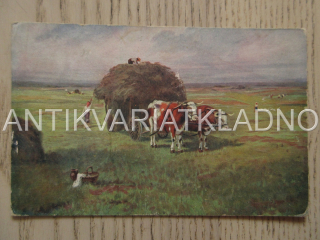 PŘÍRODA, LOUKA, SENOSEČ, KRÁVY, POHLEDNICE 649
