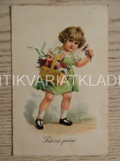 SRDEČNÉ PŘÁNÍ, HOLČIČKA, KOŠÍČEK, KVĚTINY, POHLEDNICE 661