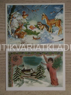 SNÍH, ZVÍŘÁTKA, ZAJÍC, MÝVAL, VEVERKA, ANDĚL, VÁNOČNÍ STROMEČEK, 2X POHLEDNICE 725