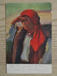 ŽENA, ČERVENÝ ŠÁTEK, KROJ, POHLEDNICE 1636