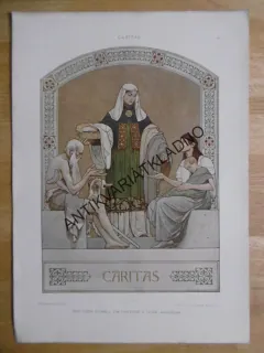 DEKORATIVNÍ TISK 1904 - CHARITA, CHUDÍ LIDÉ, ALMUŽNA, ŽEBRÁNÍ, MUŽ, PES, ŽENA DÍTĚ
