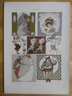 DEKORATIVNÍ TISK 1915 - VINĚTY, ETIKETY, VÍNO, AKT EROTIKA, ŽENA, 