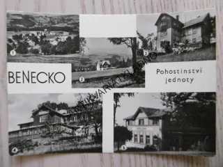 BENECKO, CELKOVÝ POHLED, HOTEL PANORAMA, HOTEL KRAKONOŠ, MARTINOVA BOUDA, HOTEL SŮVA, OKÉNKOVÁ POHLEDNICE, 1965, OKRES SEMILY